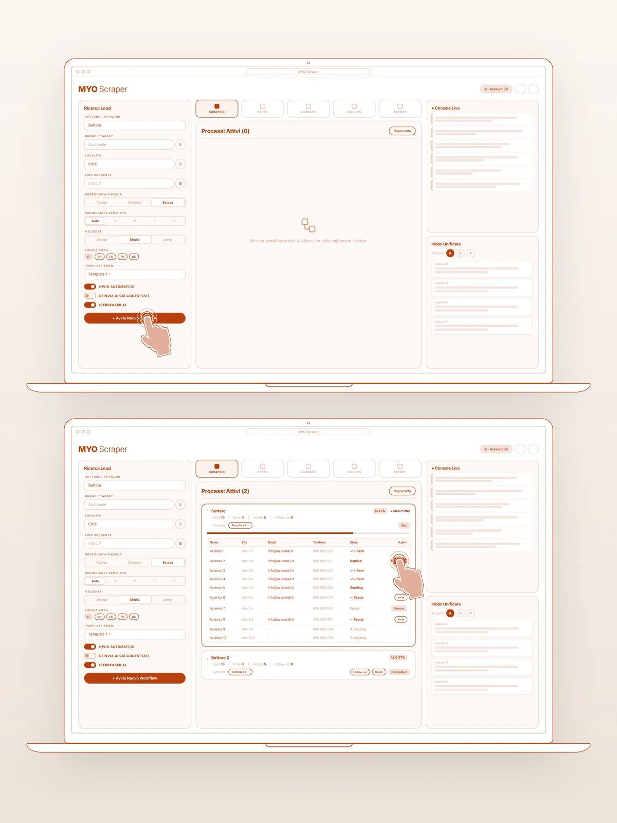 MYO Scraper — App per trovare clienti — Il flusso disegnato prima del codice