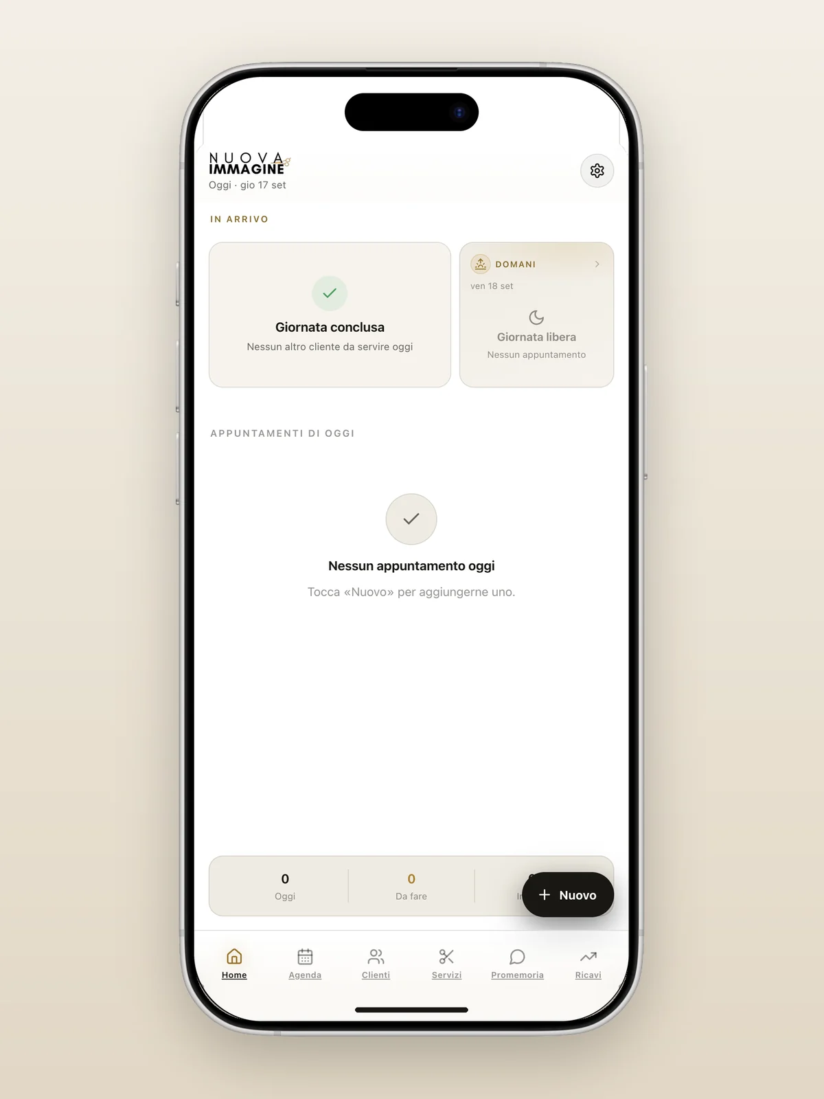 Nuova Immagine — Gestionale salone — La giornata, appena apri l’app