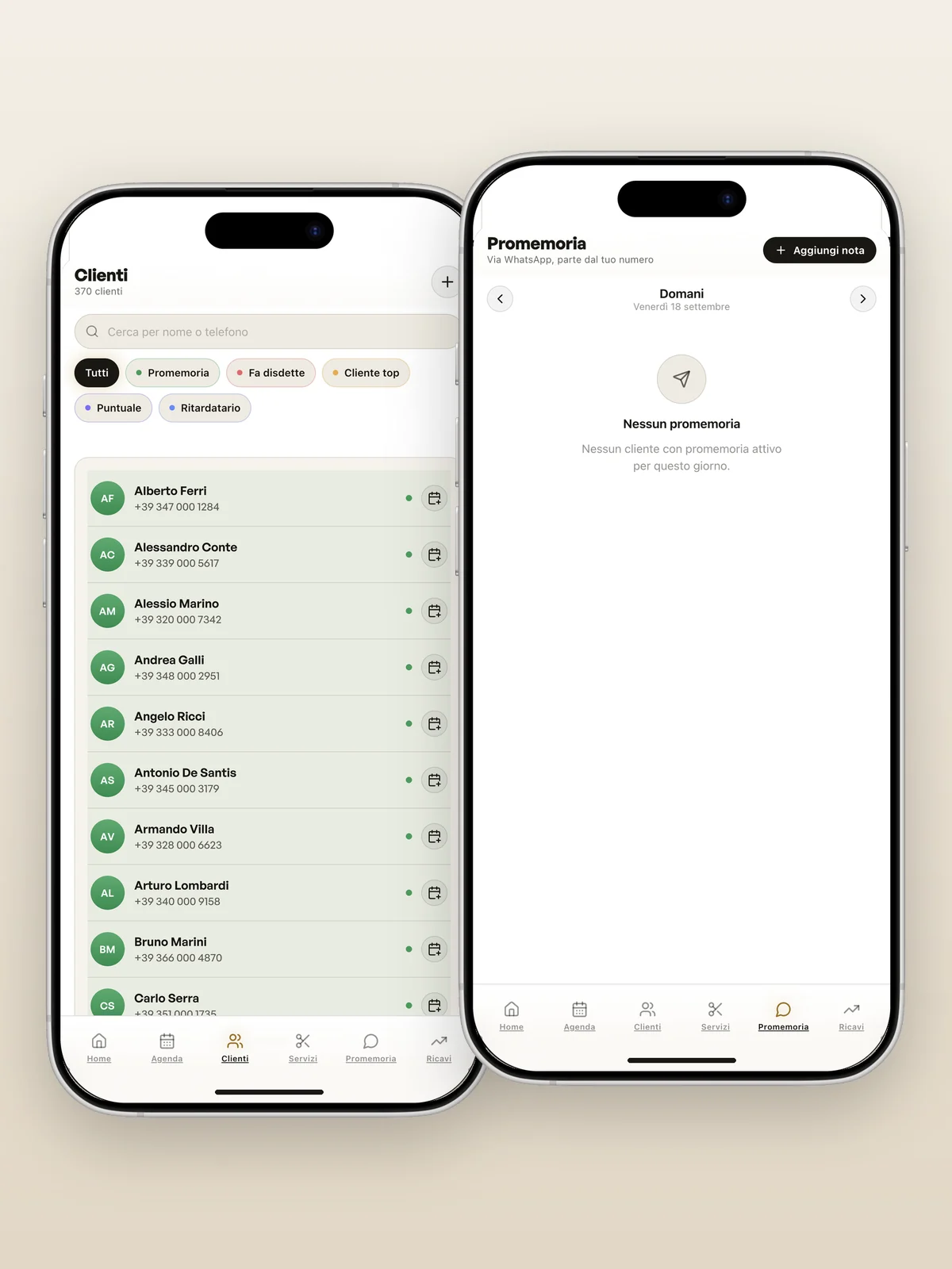 Nuova Immagine — Gestionale salone — La rubrica del salone, con WhatsApp dentro